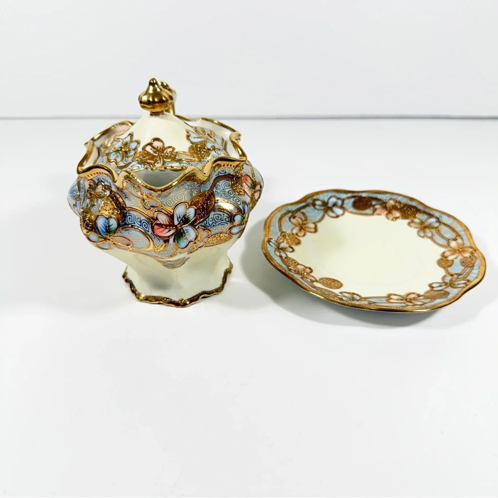 Antique Nippon Syrup Jug & Plate Hand Painted Blue Gold Moriage Flower‎ Signed
